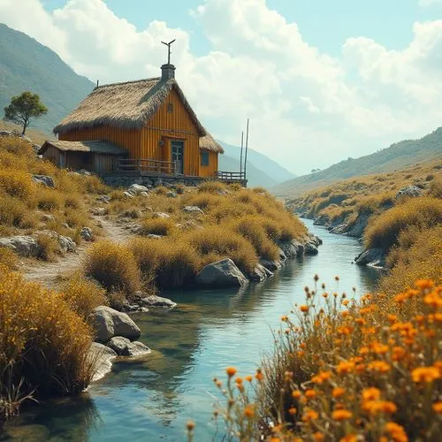 the cabin in the mountains,house with lake,house in the mountains,summer cottage,house in mountains,fisherman's house,Photography,General,Realistic