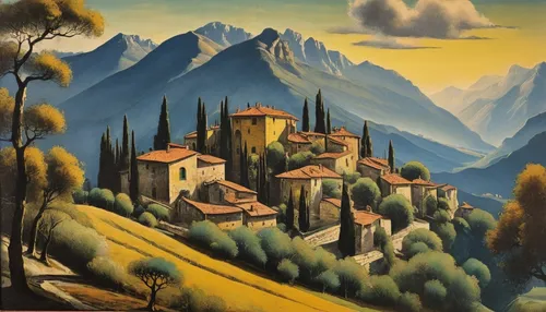 tuscan,mountain scene,campagna,travel poster,piemonte,david bates,bellini,italian painter,volterra,mountain settlement,panoramic landscape,italian poster,escher village,landscape,mount wilson,mountain landscape,mountainous landscape,mountain village,church painting,meteora,Photography,Black and white photography,Black and White Photography 11