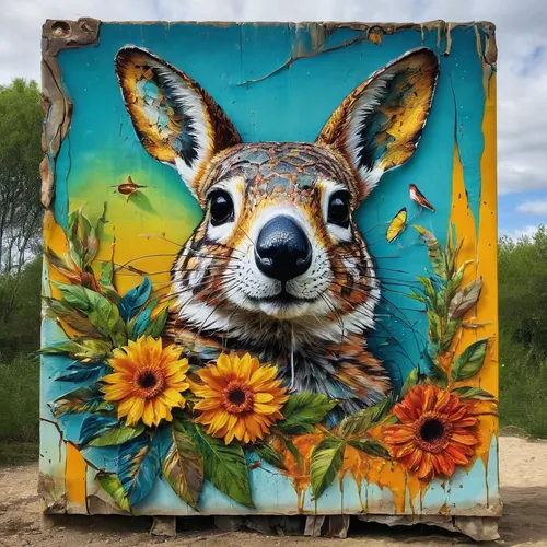 flower animal,squirell,corgi,newspaper box,yard art,albuquerque,springtime background,whimsical animals,koala,flower painting,wood board,wood art,on wood,atlas squirrel,fawn,lunchbox,animal portrait,wood and flowers,suitcase in field,vicuña,Conceptual Art,Graffiti Art,Graffiti Art 03