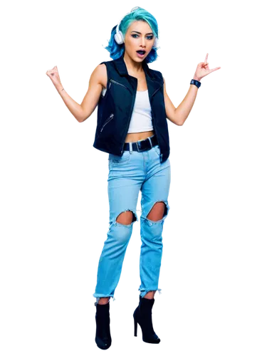 Music notes, floating in air, colorful, shimmering, metallic finish, dynamic pose, DJ lady, headphones, microphone, blue hair, bold makeup, sleeveless jacket, ripped jeans, high heels, cityscape backg