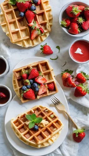 Compose a step-by-step recipe for making the fluffiest Belgian waffle topped with fresh strawberries.,waffles,egg waffles,waffle iron,liege waffle,belgian waffle,waffle,waffle hearts,food photography,