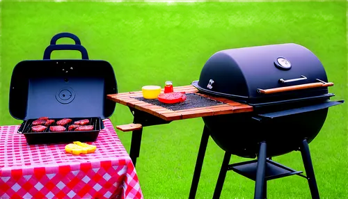 Summer outdoor scene, BBQ grill, sizzling meat, smoke rising, wooden picnic table, colorful checked tablecloth, refreshing drinks, ice buckets, sunglasses, casual clothing, apron, chef's hat, utensils