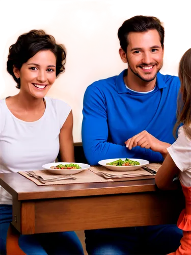 Happy family, dinner table, father, mother, two kids (10yo), western-style dining room, warm lighting, smiling faces, casual wear, relaxed atmosphere, slight blur effect, shallow depth of field, 3/4 c