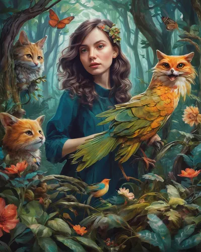 fantasy portrait,fantasy picture,fantasy art,wild birds,mystical portrait of a girl,bird kingdom,songbirds,woodland animals,sci fiction illustration,fauna,robin's nest,forest animals,faery,oil painting on canvas,cat sparrow,owl nature,faerie,flock of birds,world digital painting,rosa ' amber cover,Illustration,Paper based,Paper Based 04