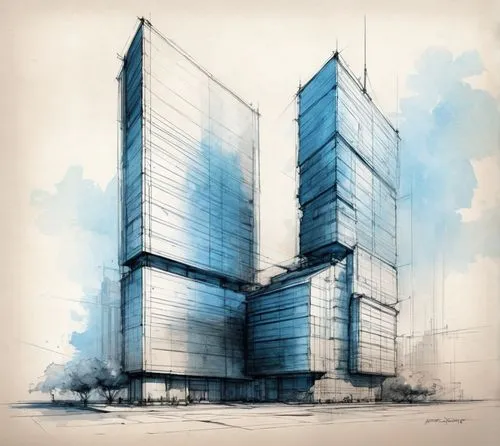 Building Sketch Concept,a drawing of three buildings, one with a blue sky in the background,unbuilt,glass building,glass facade,snohetta,bunshaft,revit,Conceptual Art,Daily,Daily 32