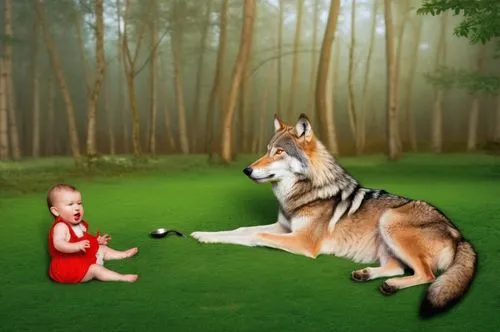 a kind wolf is holding a spoon feeding a  baby,  The baby dressed in red is looking at the wolf, His mouth is open and his tongue is out. 
 His hands are up and open, nothing in the baby's hands. Both