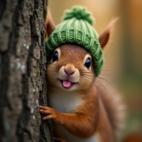 A delightful, close-up photograph of a cute fluffy squirrel peeking mischievously from behind a tree, wearing a funny green knitted hat. Its tiny pink tongue sticks out in a gesture of pure joy. The s