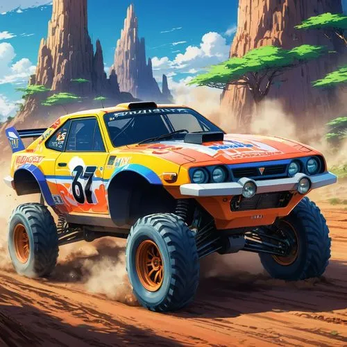 subaru rex,desert run,dakar rally,deserticola,off-road car,onrush,Illustration,Japanese style,Japanese Style 03