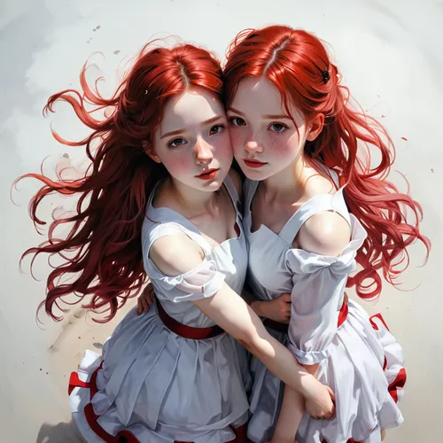 redheads,red-haired,redhead doll,little girls,porcelain dolls,two girls,white and red,red head,rose white and red,children girls,redhair,red hair,red double,little angels,fairies,joint dolls,angel and devil,dolls,princesses,redheaded,Illustration,Paper based,Paper Based 20