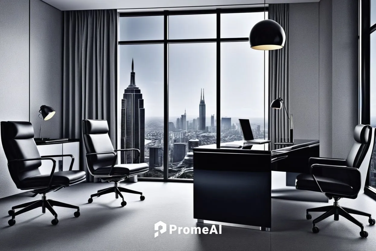 商务感，高级感,there is a desk in the room that has black and white chairs,blur office background,modern office,furnished office,office chair,offices,consulting room,Photography,General,Realistic