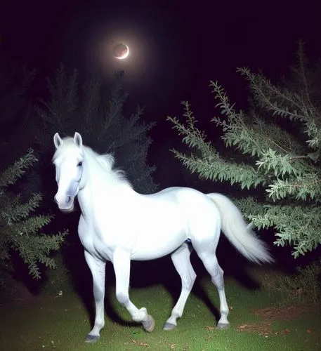 A night photo taken with bright flash showing a white horse among bushes and a moon in the night sky, realistic, amateur photography,a white horse walking through the grass in front of a tree,albino h