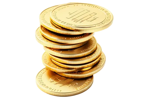 Golden coins, scattered, overlapping, shiny surface, detailed texture, metallic material, circular shape, various sizes, piled up, slight shadow, soft focus, warm lighting, 3/4 composition, isolated o