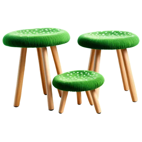 Mushroom-shaped stools, 3-piece set, bright green, white spots, soft cushion, wooden legs, natural texture, detailed stitching, 45-degree angle, warm lighting, shallow depth of field, cozy atmosphere.