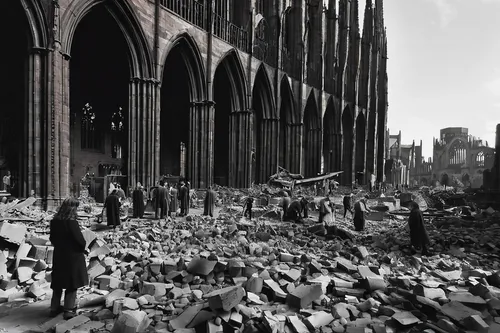 debris,destroyed city,destroyed area,building rubble,rubble,13 august 1961,war victims,storm damage,destroyed houses,world war ii,manchester,demolition work,roof damage,coventry,the fallen,fire damage,all saints' day,demolition,wreckage,damage,Illustration,Paper based,Paper Based 02