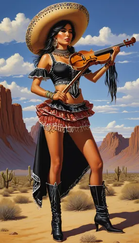 a sex female character Mexican Mariachi in the mojave desert,mariachi,violin woman,woman playing violin,charango,country-western dance,woman playing,violin player,pandero jarocho,stringed instrument,s