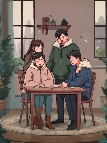 a family sits at a table playing games,shinran,chomet,spinelli,aile,sparrows family,magnolia family