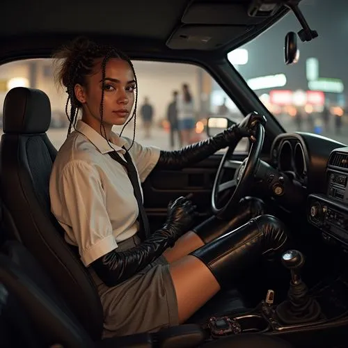 A striking 18-year-old girl of American descent is driving her car in a bustling part of a Tokyo parking lot at night, where a lively gathering of Japanese cars inspired by Tokyo Drift is taking place