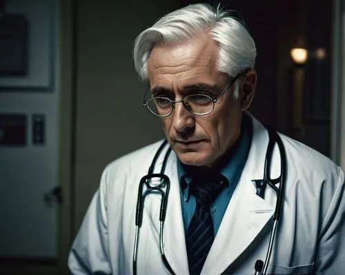 Lonely God, doctor, solo, handsome, short white hair, blue eyes, glasses, white coat, stethoscope, medical chart, hospital background, dim lighting, solemn atmosphere, mysterious aura, omniscient gaze