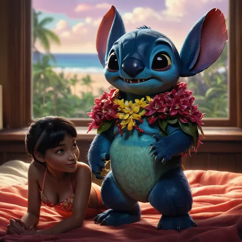 lilo,stitch,luau,moana,blue hawaii,hula,miguel of coco,holding flowers,aloha,honeymoon,disney character,coco,aladha,cute cartoon character,tropical bloom,cute cartoon image,hawaiian,bahama mom,disney,little boy and girl,Illustration,American Style,American Style 08