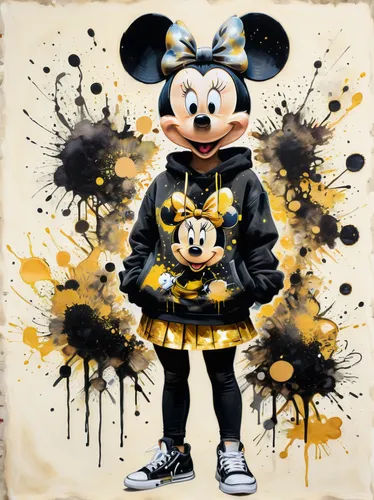 A stunning ink painting featuring an anthropomorphic Minnie Mouse head, dressed in a hip-hop outfit. Minnie Mouse wears a bold graffiti-inspired sweatshirt, black denim skirt and a pair of stylish sne