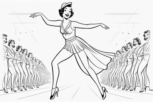 terpsichore,rockette,flappers,art deco woman,phryne,danseuse,majorette,twirler,hirschfeld,flapper,pageantry,waltzes,retro 1950's clip art,pirouettes,rockettes,contrapposto,pageant,harmonix,dansereau,fosse,Illustration,Black and White,Black and White 04