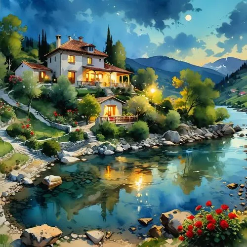 home landscape,landscape background,river landscape,beautiful landscape,italian painter,house by the water,house in mountains,alpine village,house with lake,idyllic,world digital painting,lake como,summer cottage,landscapes beautiful,beautiful home,house in the mountains,nature landscape,fantasy landscape,river view,landscape nature,Photography,General,Realistic