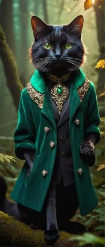 Exotic salamandra cat, mystical eyes, whiskers, pointed ears, fluffy fur, iridescent scales, shimmering emerald green coat, sparkling collar with gemstones, velvet paws, majestic pose, ancient forest,