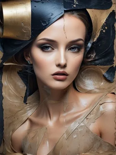 a woman in a brown dress and a black head piece,foils,jingna,millinery,foiling,milliner,image manipulation,Art,Classical Oil Painting,Classical Oil Painting 12