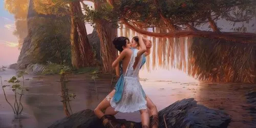 girl on the river,water nymph,girl with tree,girl in a long dress,fantasy picture,woman at the well,polynesian girl,romantic scene,girl with a dolphin,water fall,girl in a long dress from the back,vietnamese woman,the blonde in the river,han thom,hula,oil painting,fantasy art,idyll,oil painting on canvas,mystical portrait of a girl,Illustration,Paper based,Paper Based 04