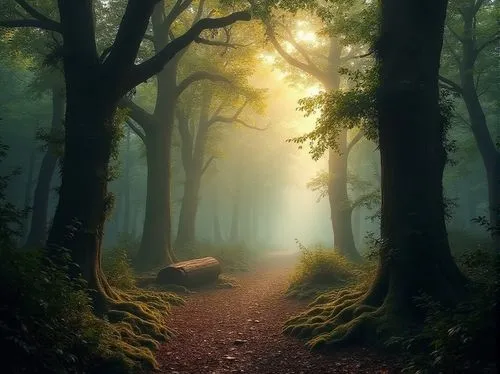 Mysterious forest, misty atmosphere, warm sunlight filtering through tree gaps, dense foliage with various greens, towering trees with gnarled branches, ancient trunks with vines crawling, a winding d