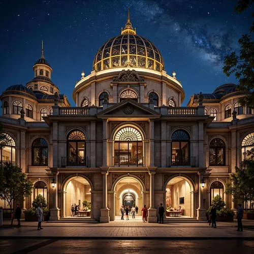 Ornate planetarium facade, Baroque-inspired architecture, grandiose entrance, intricate stone carvings, ornamental metal details, celestial body patterns, golden accents, lavish lighting, dramatic arc