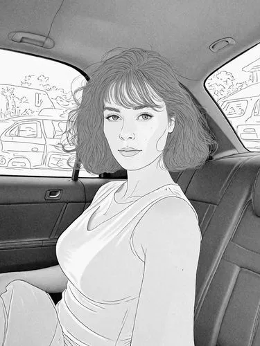 a woman is sitting in the back seat of a car,woman in the car,girl in car,car drawing,comic halftone woman,girl and car,tura satana,Design Sketch,Design Sketch,Detailed Outline