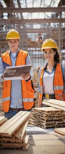 High school, vocational training, young adult students, male and female, casual clothing, tool belts, hard hats, safety vests, holding blueprints, architectural models, surrounded by construction equi