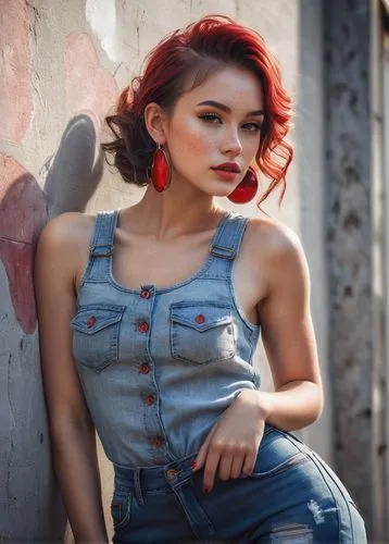 girl in overalls,jeans background,girl in t-shirt,overalls,redhair,denim background,dungarees,denim,red hair,red head,maci,beautiful young woman,petya,zhuravleva,olesya,pin-up model,spearritt,svitlana,lera,hamulack,Conceptual Art,Fantasy,Fantasy 03