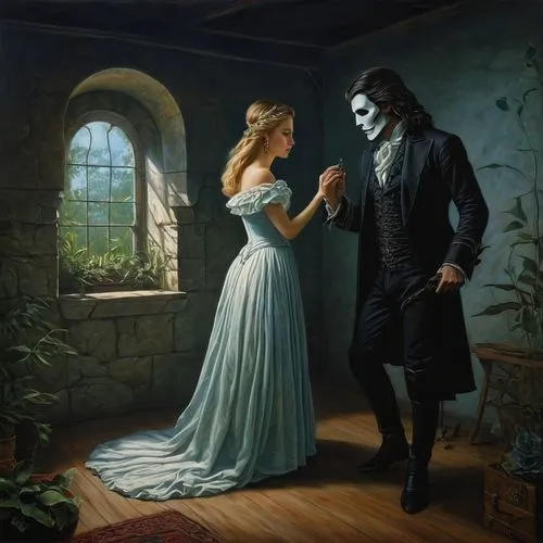 romantic portrait,romantic scene,gothic portrait,danse macabre,courtship,serenade,suitor,garamantes,flirtation,romancing,romanticism,phantom,amants,masque,fantasy picture,elopement,unmasks,romanced,dancing couple,unmasking,Illustration,Realistic Fantasy,Realistic Fantasy 22