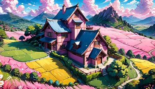 house in mountains,house in the mountains,dreamhouse,witch's house,alpine village,little house,mountain settlement,roof landscape,lonely house,home landscape,mountain village,mountain huts,fairy chimney,candyland,fairy house,house roofs,fairy tale castle,pink grass,mountainside,fairy village,Anime,Anime,Realistic