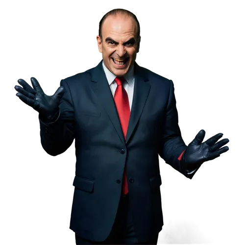 Dark villain, male, middle-aged, balding hair, evil grin, thick eyebrows, menacing eyes, black suit, red tie, leather gloves, dramatic pose, spotlight on face, low-angle shot, ominous atmosphere, dark