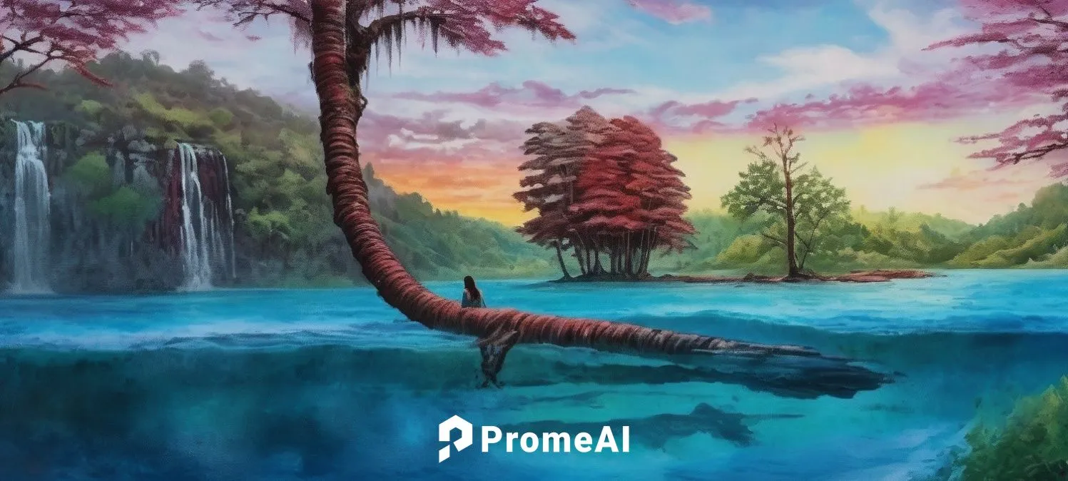 beautiful lady swimming, long hair , white vest in the water, wide view with waterfalls and green forest abanding,a painting of an island with a river flowing between it and a person on it,plesiosaurs