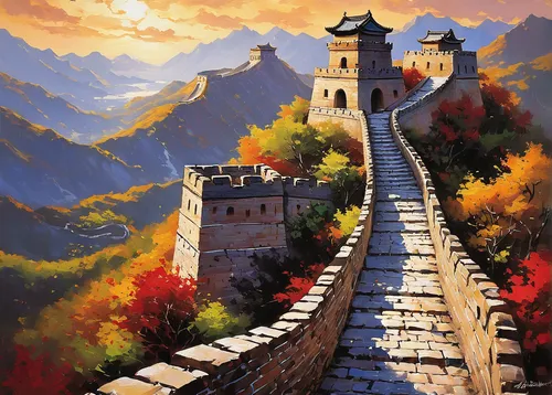 great wall of china,great wall,great wall wingle,autumn mountains,chinese art,mountain landscape,dragon bridge,autumn landscape,mountainous landscape,huashan,mountain scene,fall landscape,yunnan,chinese architecture,tibet,chinese temple,fantasy landscape,china,high landscape,landscape background,Conceptual Art,Oil color,Oil Color 09