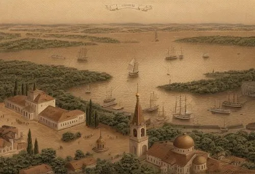 Panoramic view of the old town, embankment and river.
The trees are greenish-beige, the walls are light beige, the roofs are brown tiled, the radial domes on the roof are gilded, the area is paved wit