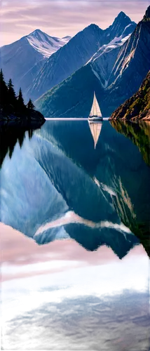 Serene lake, calm water, mirror reflection, majestic mountains, snow-capped peaks, lush green forests, rocky shores, sailboat, sailing, gentle breeze, soft sunlight, warm color tone, 3/4 composition, 