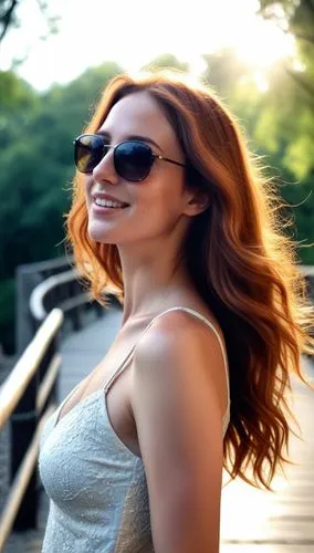 a woman with sunglasses on smiling while standing next to trees,paparizou,kanellis,giada,becky,redheads,sunglasses