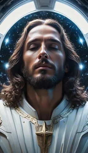 jesus christ, strong glow around, shining aura, jesus christ, divine glow around, closed eyes, praying, glowing universe, in the white control compartment of the alien ship, many stars, high-tech inte