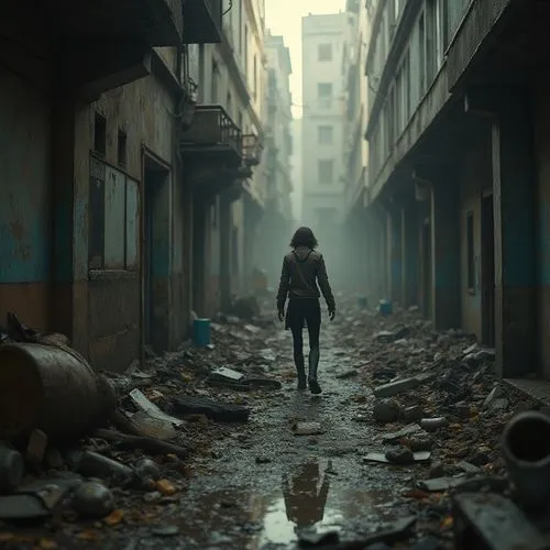 girl walking away,bladerunner,postapocalyptic,dystopian,post apocalyptic,destroyed city,Photography,General,Cinematic