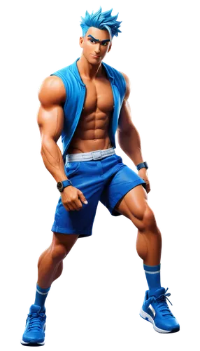 Cartoon semi-nude, muscular male, dynamic pose, ripped abs, prominent chest muscles, bold facial expression, spiky blue hair, gleaming sweat droplets, athletic shorts, sneakers, confident stride, low-