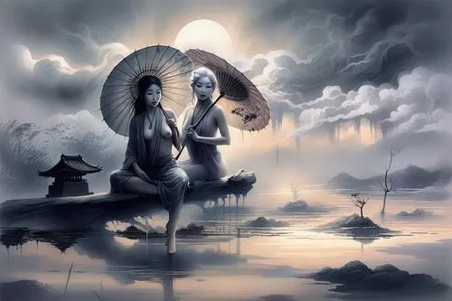 full nude very exotic and misty sky,the two japanese females sit beside each other in front of a dark foggy lake and under an umbrella,lord shiva,guanyin,dakini,god shiva,nembutsu,benzaiten,mahadev,mi