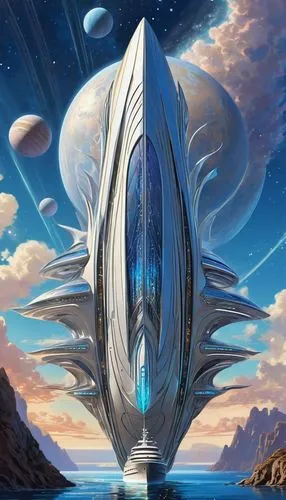 alien ship,futuristic landscape,starship,nautilus,space ship,valerian,flagship,sea fantasy,ship of the line,atlantis,victory ship,andromeda,futuristic architecture,the vessel,sci fiction illustration,ufos,the ship,space ships,sky space concept,futuristic,Illustration,Retro,Retro 08