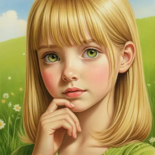 a portrait of a little blond girl wearing a green dress,eilonwy,young girl,children's background,girl portrait,liesel,gekas,Illustration,Black and White,Black and White 35