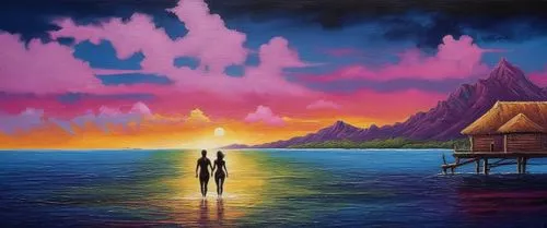 Painting Abstract nude Body Art Oil Painting,oil painting on canvas,loving couple sunrise,romantic scene,fantasy picture,art painting,an island far away landscape,dreamscape,oil painting,moorea,sea la