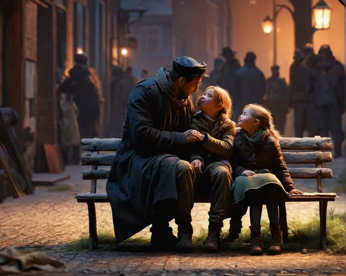 Write a heartwarming scene in which a hussie model shares a tender moment with their loved ones.,father and daughter,father's love,father with child,warsaw uprising,the little girl,grandfather,father 